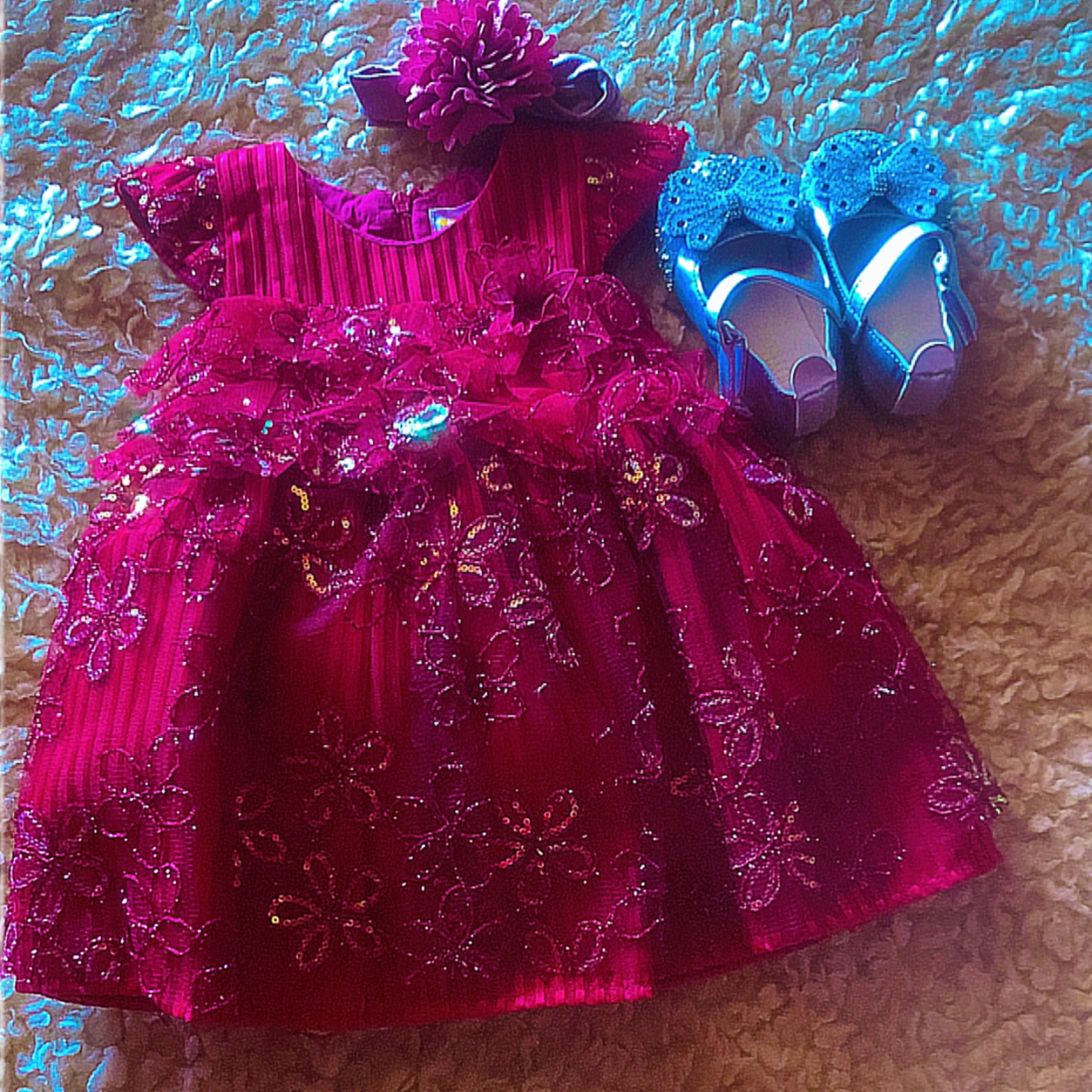 Adorable Baby Girl Princess Red Dress Set with Blue Shoes & Hairband – Age 1–3 (Size 23) at Affordable price