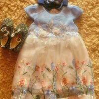 Stylish Baby Girl Princess Dress Set – Gown, Green Shoes & Hairband | Shoe Size 23