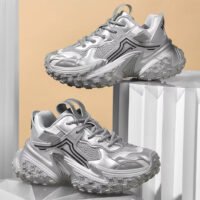 Men’s Leather Sneakers – Silver & Black Strong Quality Shoes (Size 44 & 42 | Limited Stock)