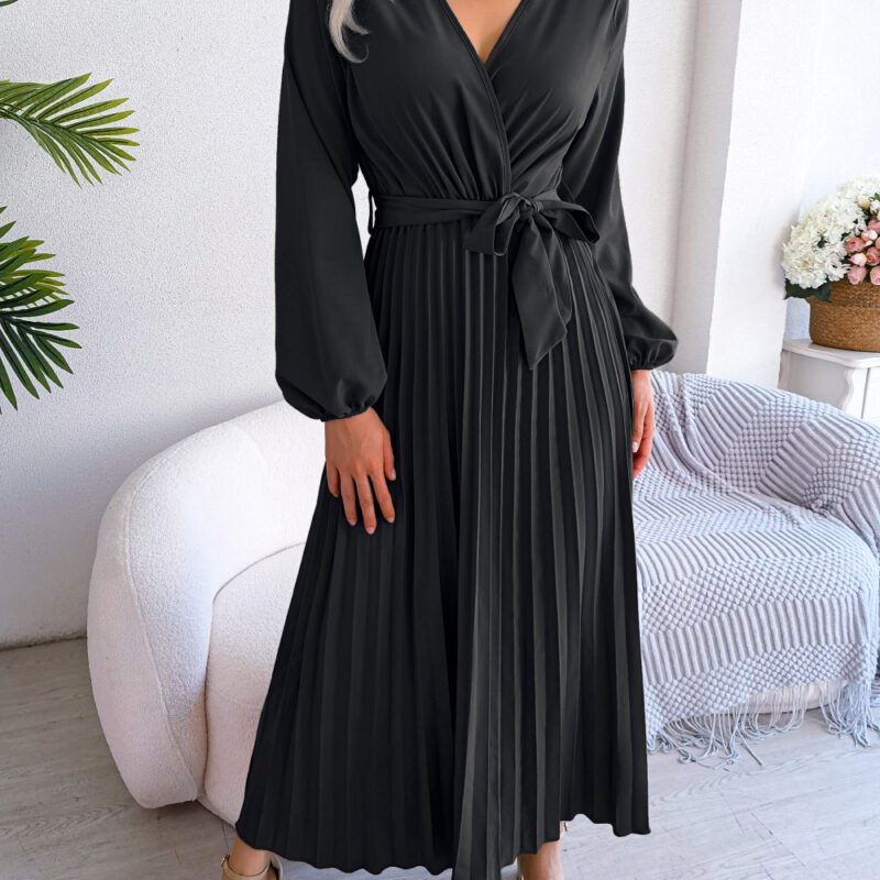 Elegant V-Neck Maxi Dress for Women – Long Sleeve, Pleated Design