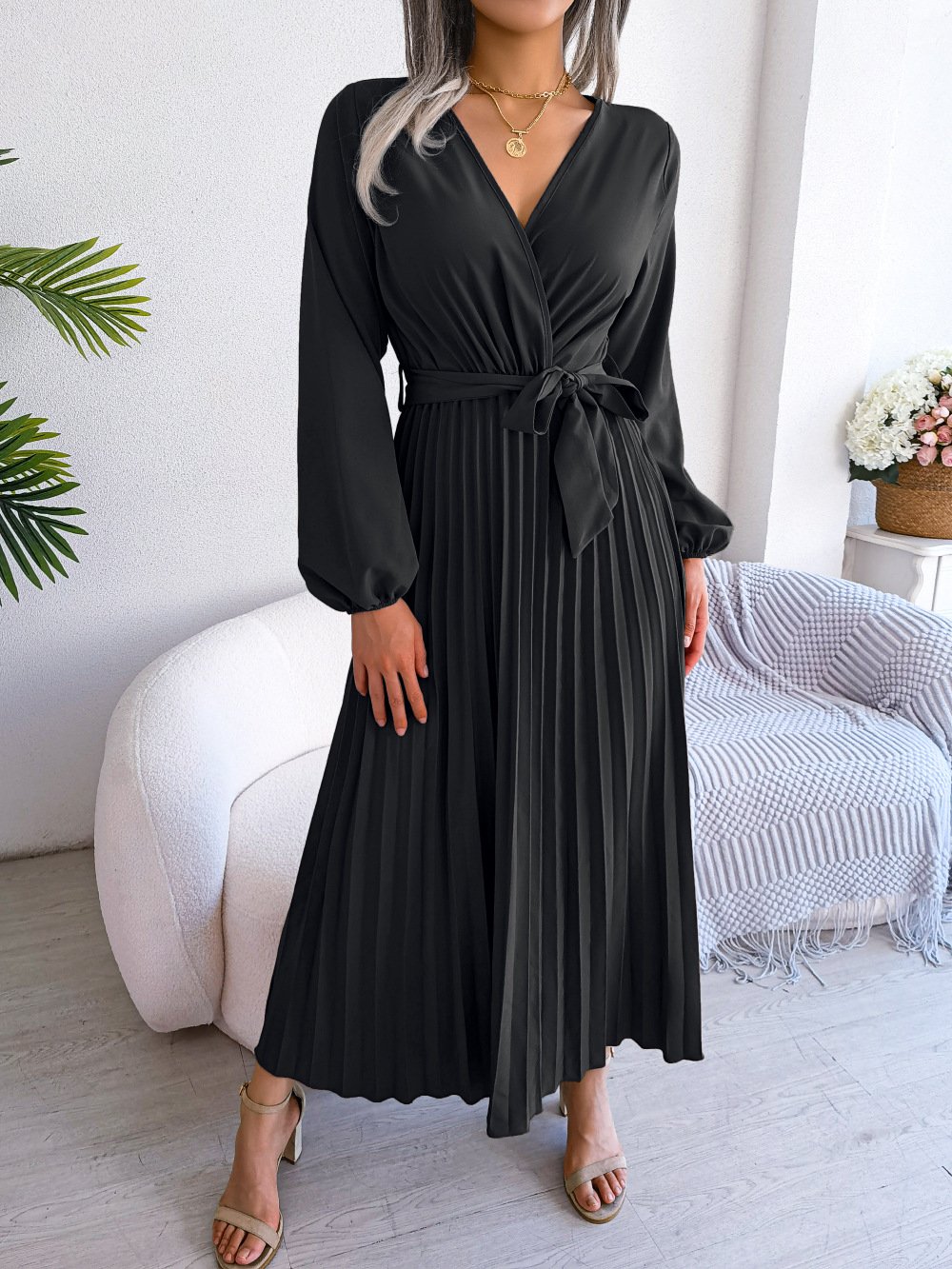 Elegant V-Neck Maxi Dress for Women – Long Sleeve, Pleated Design