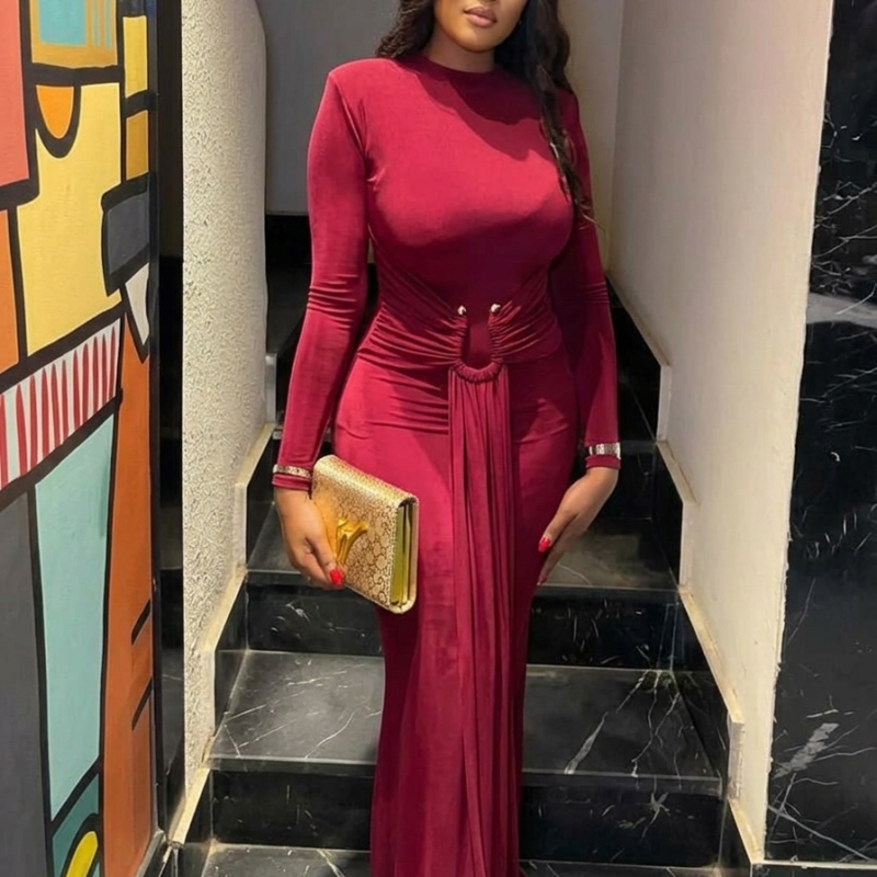 Wine Red Luxury Ruched Waist Maxi Dress – Classy Gown for Ladies