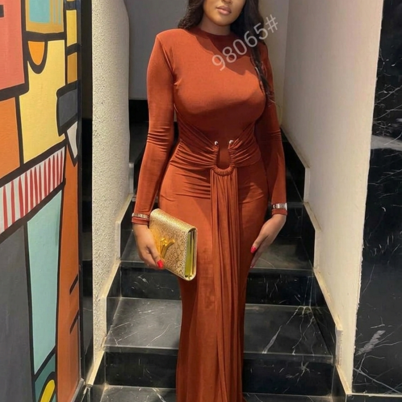 Premium Rust Brown Bodycon Long-Sleeve Evening Gown – Available S to 2XL