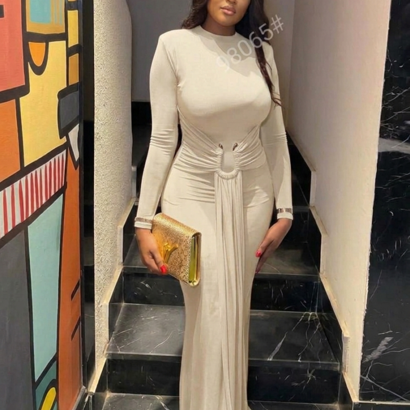 Off-White Luxury Ruched Waist Maxi Gown – Classy Dress for Ladies