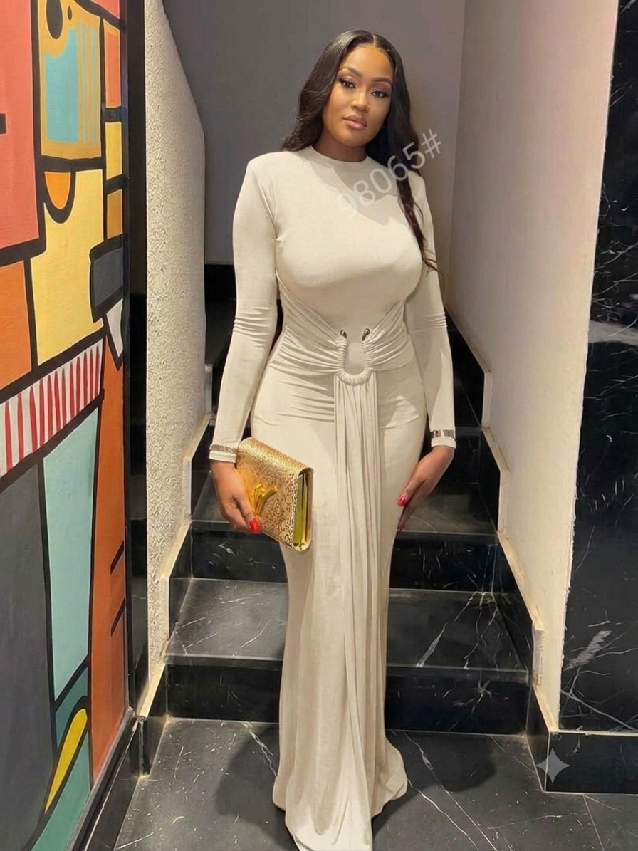 Off-White Luxury Ruched Waist Maxi Gown – Classy Dress for Ladies