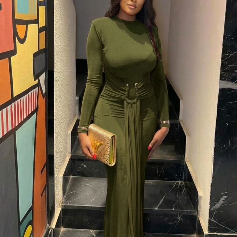 Elegant Army Green Long-Sleeve Maxi Dress with Ring Detail – Chic Nigerian Aso-Ebi Wear