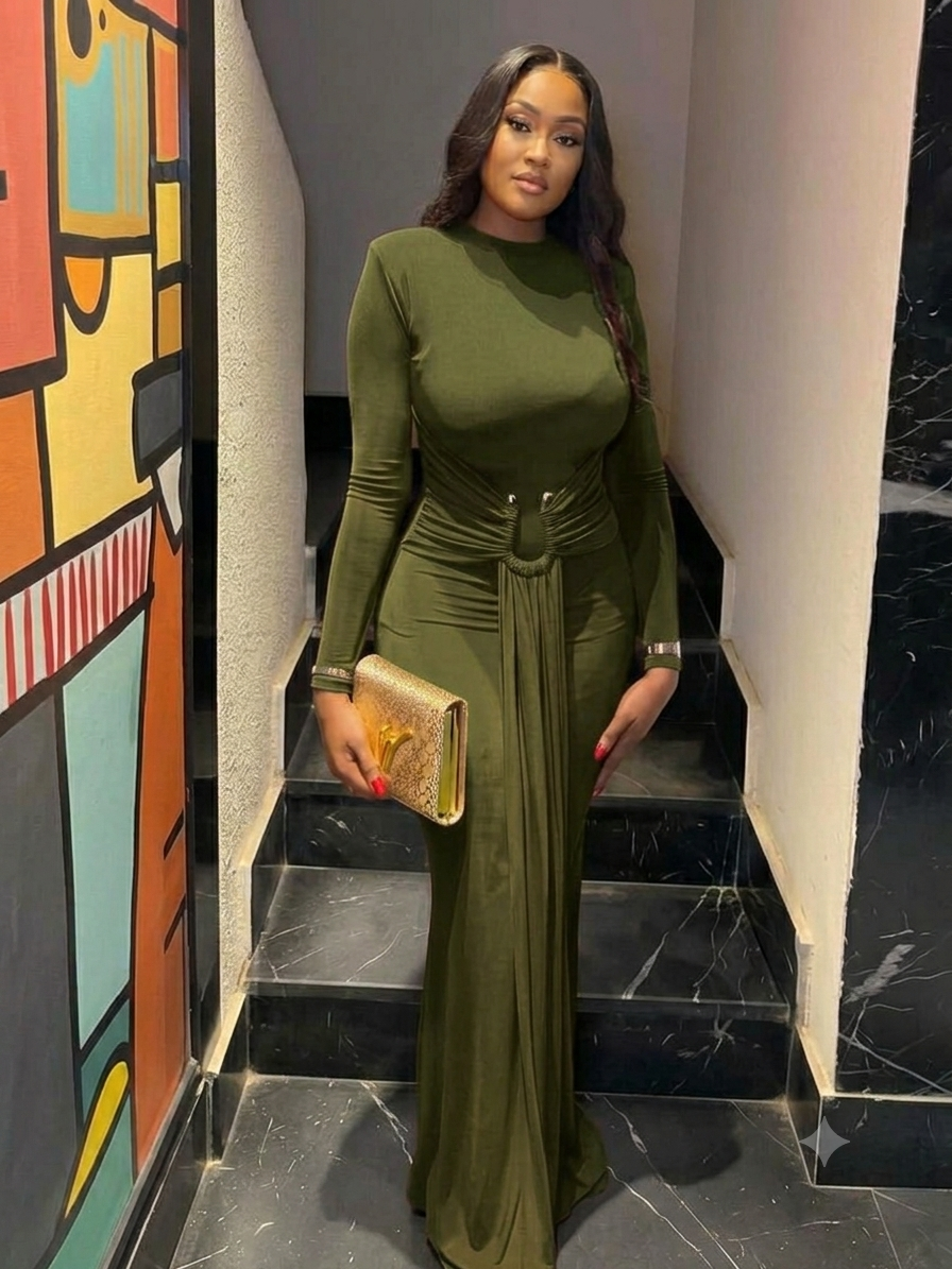 Elegant Army Green Long-Sleeve Maxi Dress with Ring Detail – Chic Nigerian Aso-Ebi Wear