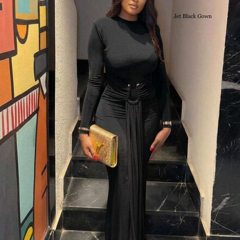 Elegant Black Long-Sleeve Maxi Dress with Ring Detail – Chic Evening & Dinner Wear
