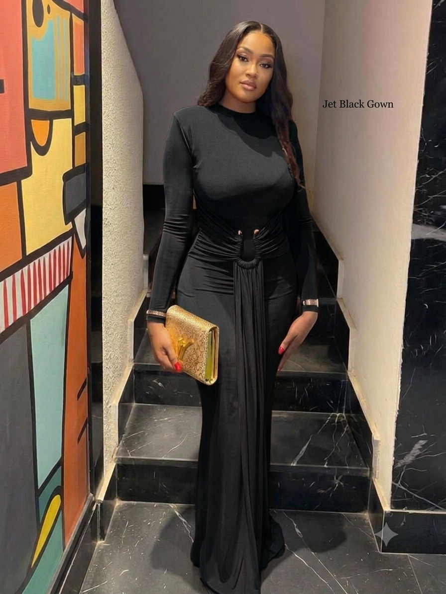 Elegant Black Long-Sleeve Maxi Dress with Ring Detail – Chic Evening & Dinner Wear