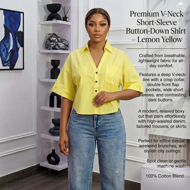 Bright Lemon Yellow V-Neck Short Sleeve Button-Down Shirt – Classy Casual Top