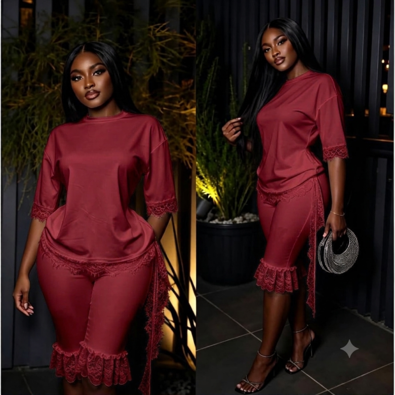 Quality Lace Design Two-Piece Shorts & Top (Burgundy)