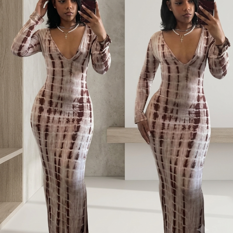 Women's Brown Kampala African Print Dress – Long Sleeve V-Neck Tie-Dye Evening Gown