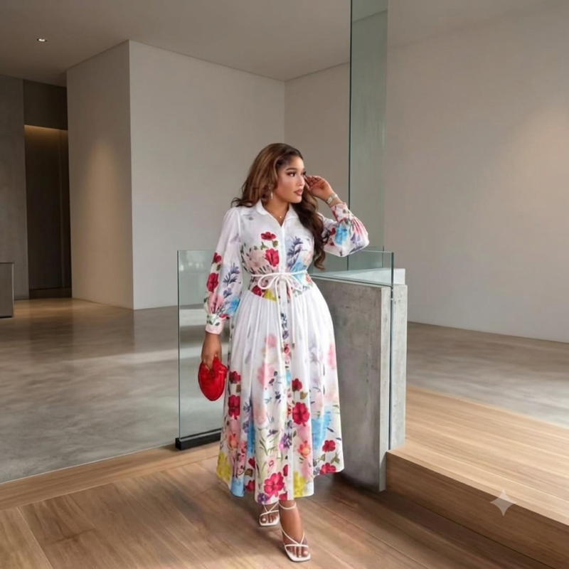 Elegant White Floral Pleated Gown – Belted Long Sleeve Maxi Dress