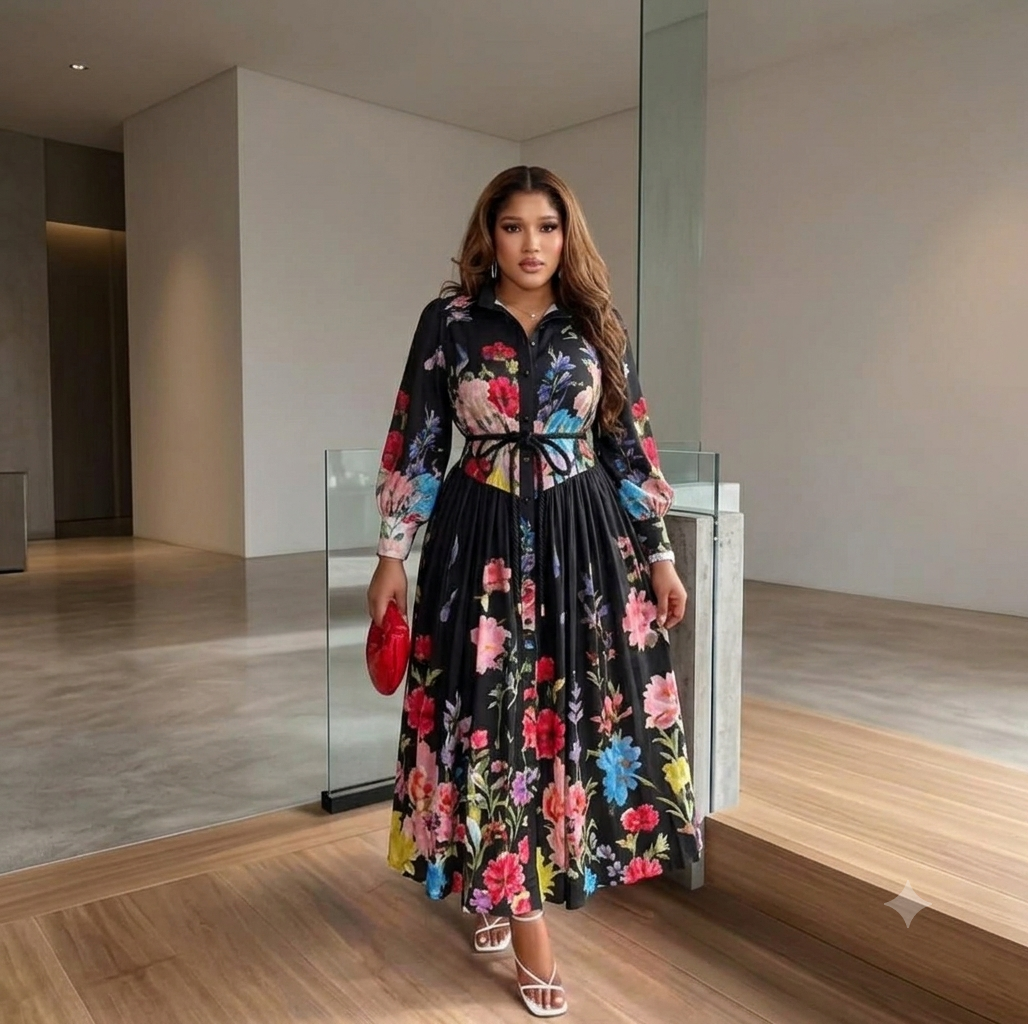 Women's Black Multi-Color Floral Button-Down Maxi Dress with Belt