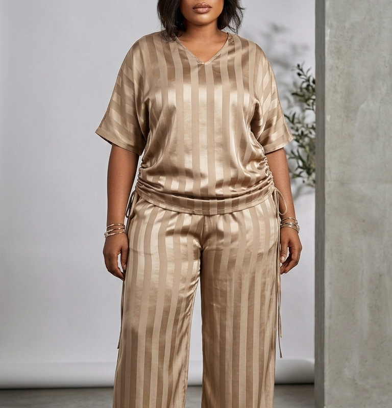 Elegant Striped Satin Lounge Set – V-Neck Top with Side Drawstrings & Wide-Leg Pants