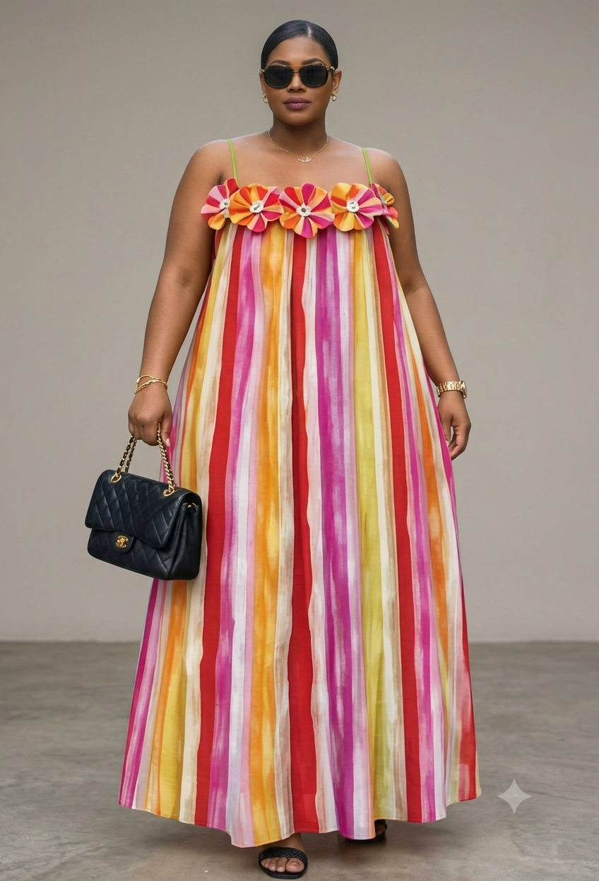 Watercolor Striped Sleeveless Maxi Dress – Multi-Color High-Stretch Flowy Dress with Chest Flowers - Image 2