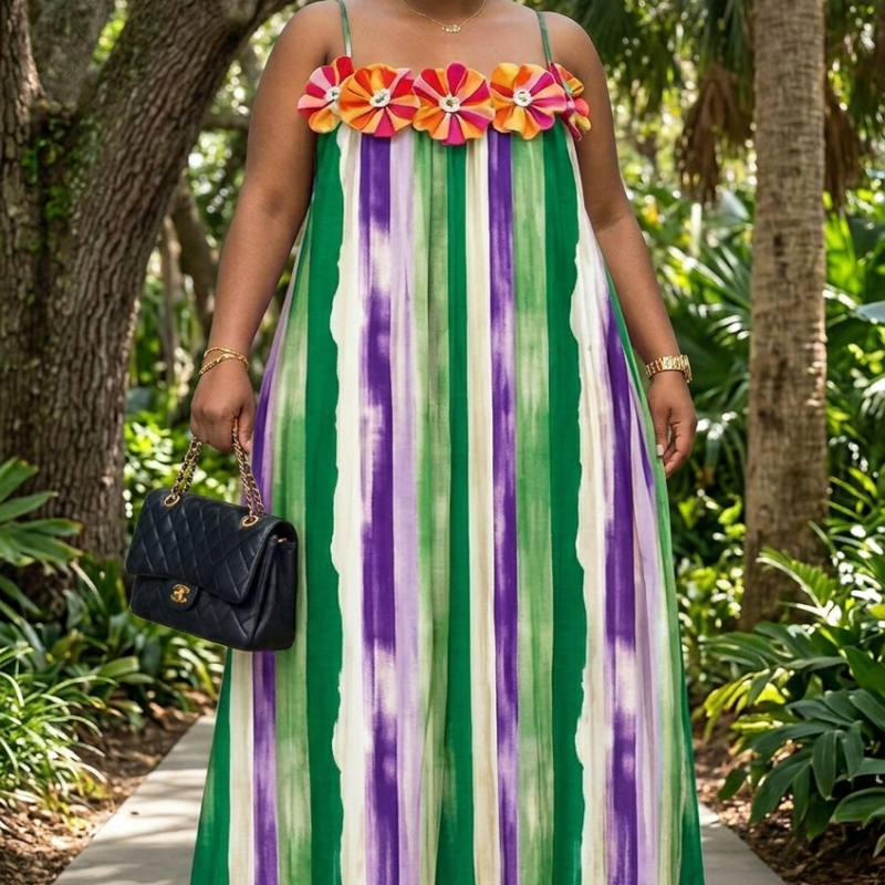 Watercolor Striped Sleeveless Maxi Dress – Multi-Color High-Stretch Flowy Dress with Chest Flowers