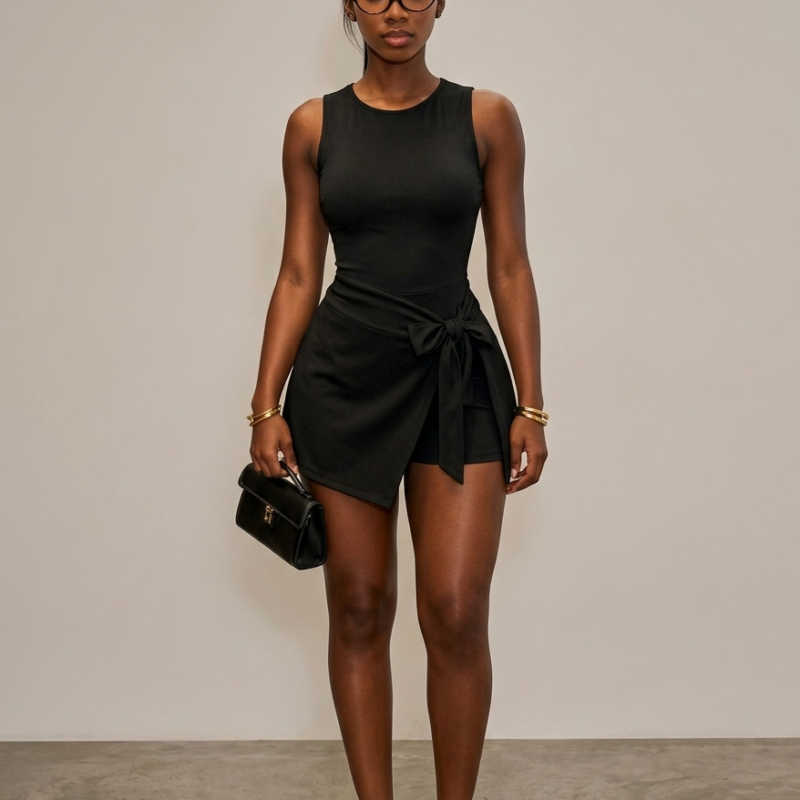 Ladies One-Piece Front-Tie Romper – Sleeveless Wrap-Front Short Playsuit