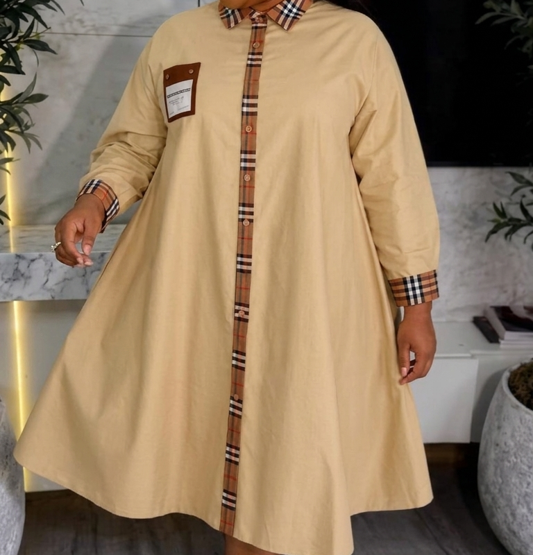 Rich Auntie Plaid Trim Shirt Gown – Long Sleeve Button-Down Free-Size Midi Dress