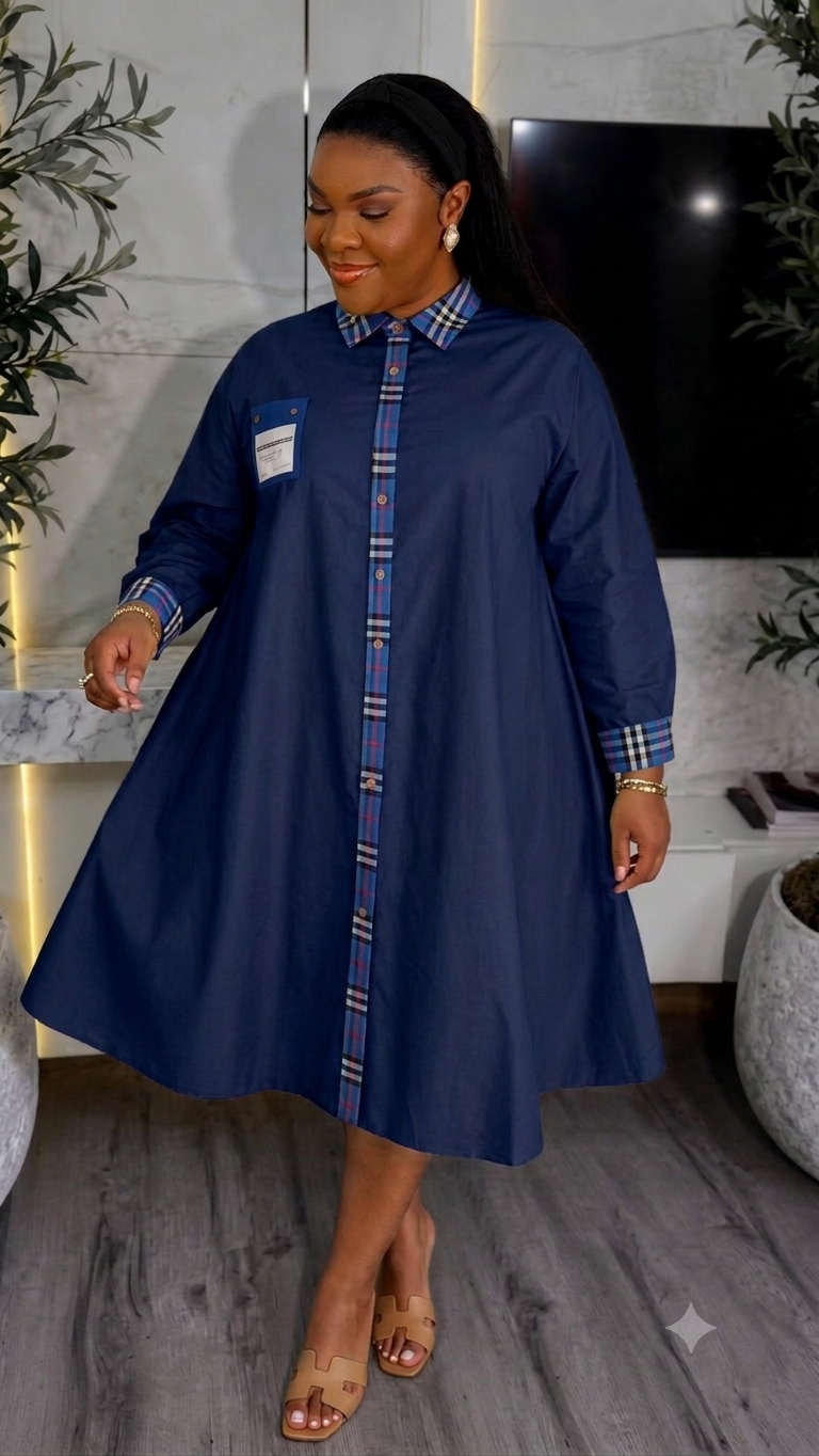 Rich Auntie Plaid Trim Shirt Gown – Long Sleeve Button-Down Free-Size Midi Dress - Image 2