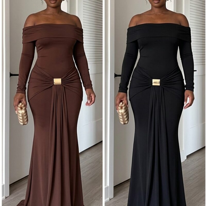 Off-the-Shoulder Draped Maxi Gown – Ruched Long Sleeve Evening Dress