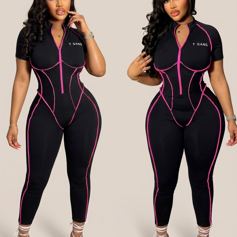 Women’s Short Sleeve Front-Zip Jumpsuit – Contrast Piping Bodycon Outfit