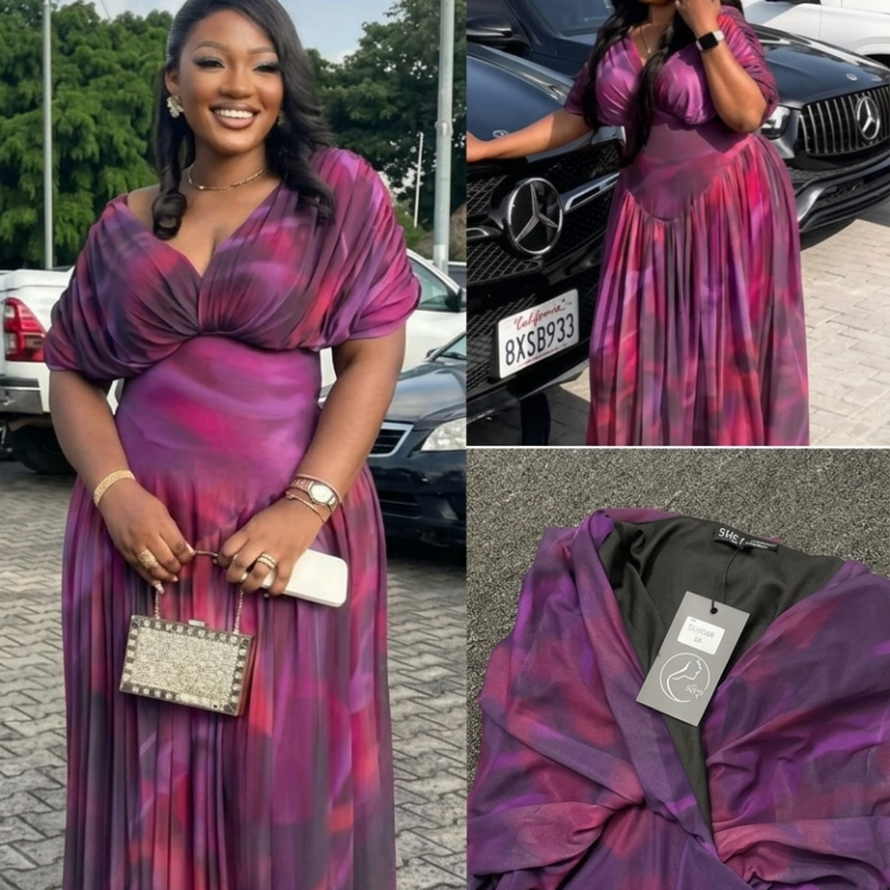 Women’s Off-Shoulder Pleated Chiffon Maxi Dress – Purple and Magenta Cold-Shoulder Gown