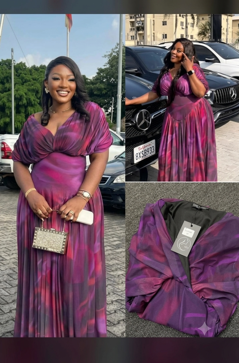 Women’s Off-Shoulder Pleated Chiffon Maxi Dress – Purple and Magenta Cold-Shoulder Gown