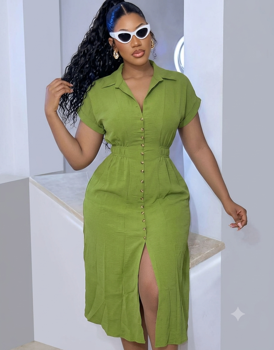 Chic Front-Button Midi Dress with Waist Cinching & Front Slit - Image 4