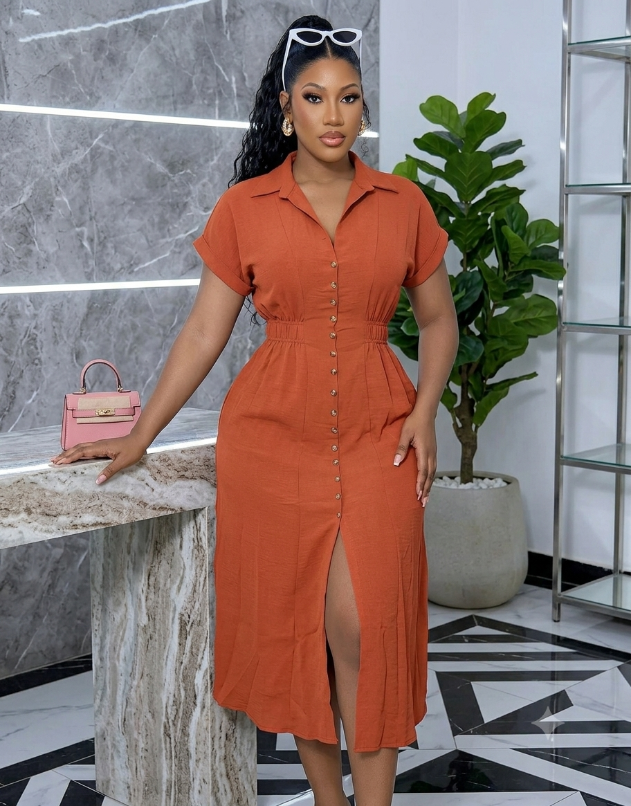 Chic Front-Button Midi Dress with Waist Cinching & Front Slit - Image 3
