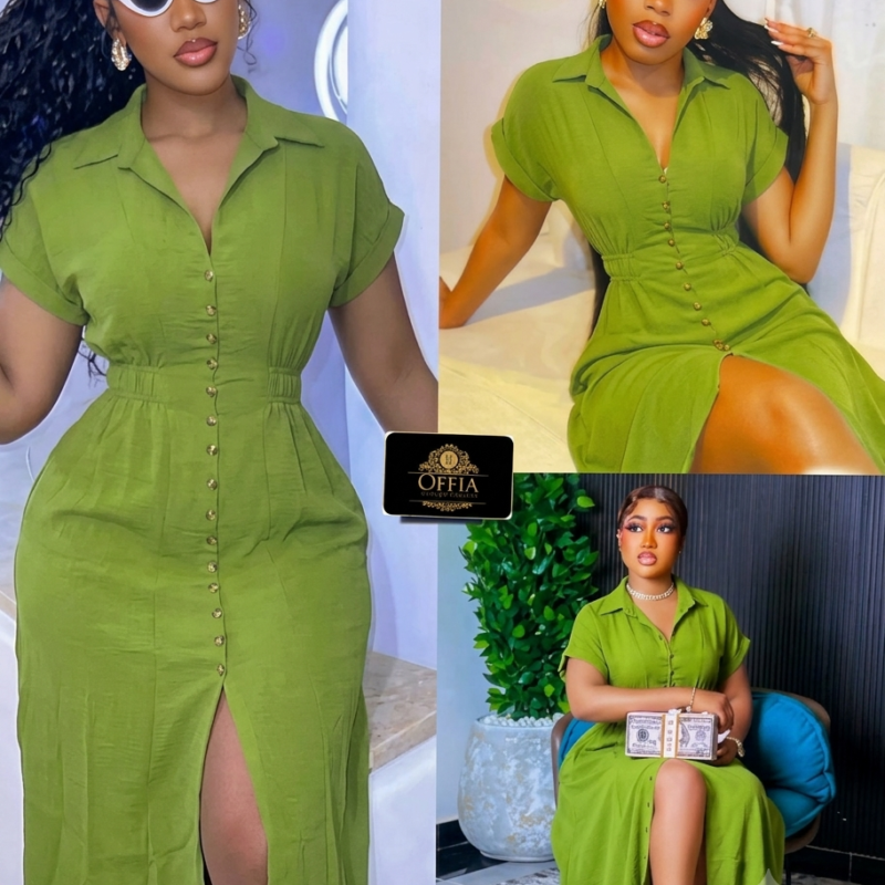 Chic Front-Button Midi Dress with Waist Cinching & Front Slit