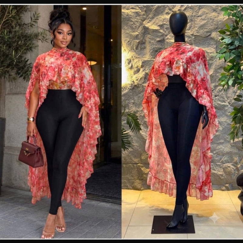 2-Piece Floral Chiffon Cape Top & High-Waist Leggings Set – Red/Pink Multi