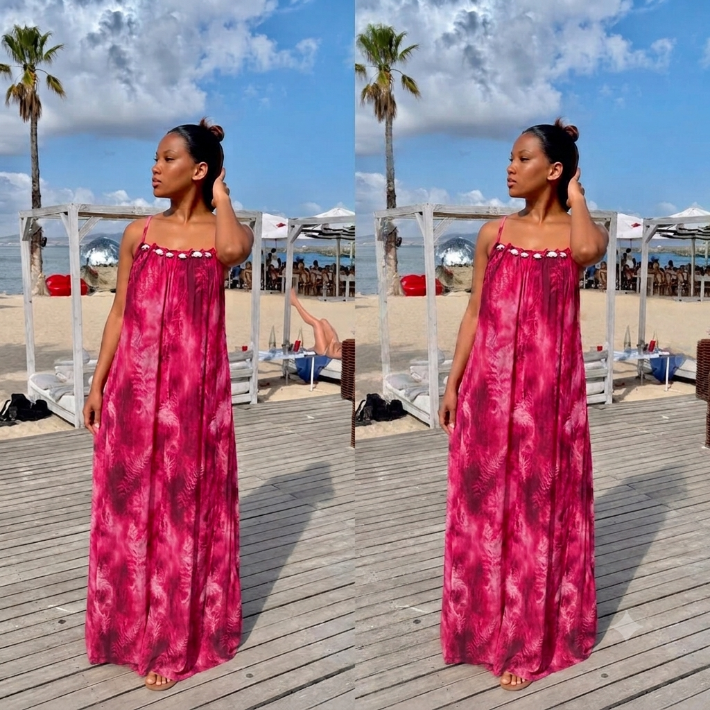 Sleeveless Strappy Tie-Dye Printed Flowy Beach Maxi Dress with Shell Embellishment - Image 3