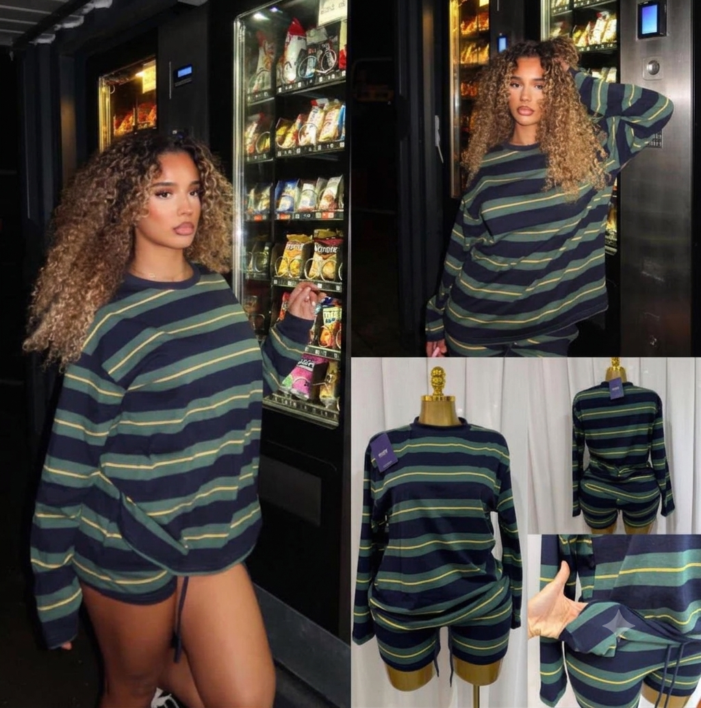 Women’s 2-Piece Striped Long-Sleeve Top & Drawstring Shorts Lounge Set