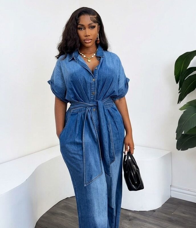 Women’s Short-Sleeve Denim Jumpsuit – Wide-Leg Belted Utility Jumpsuit
