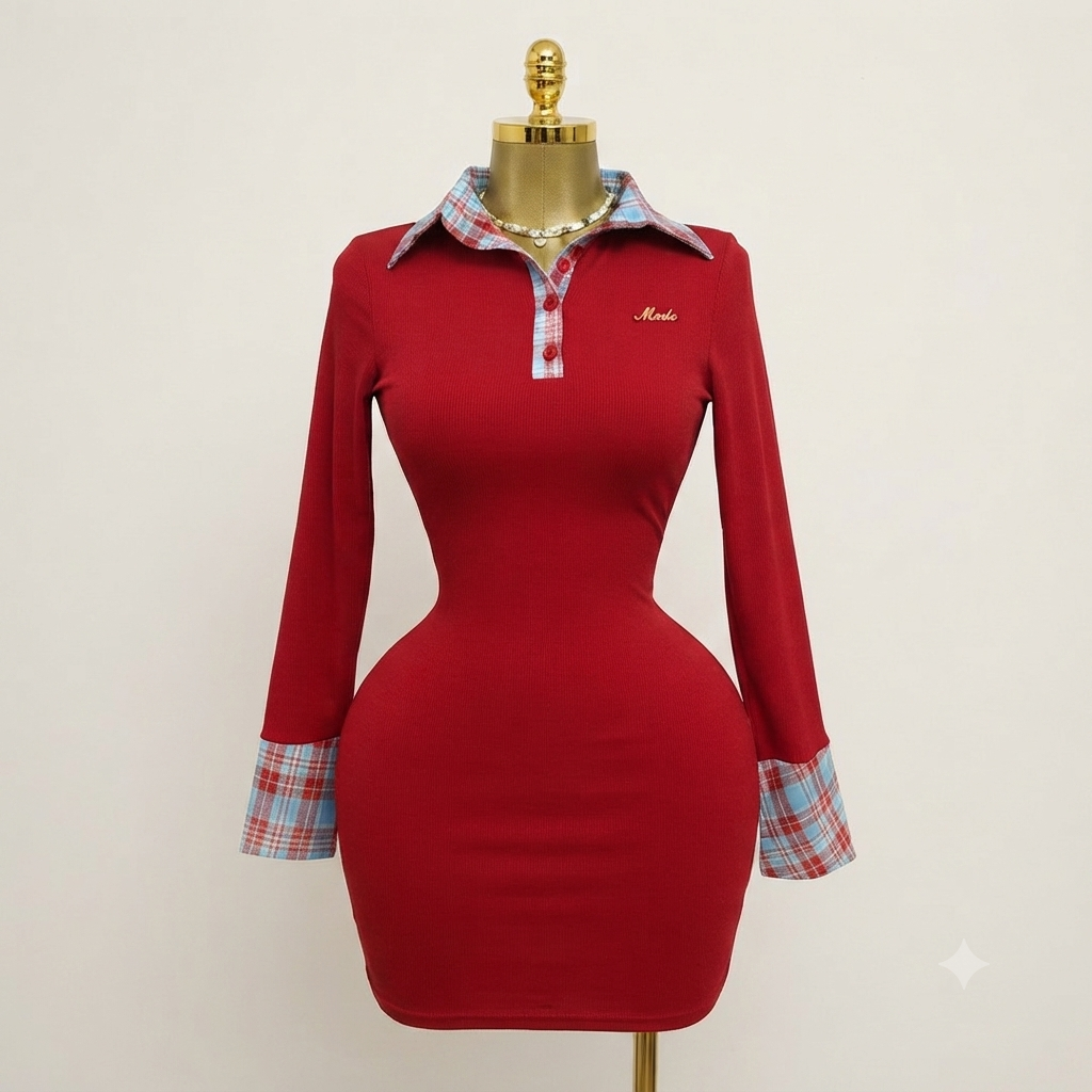 Premium Ladies Long-Sleeve Plaid Collar Bodycon Short Dress - Image 2