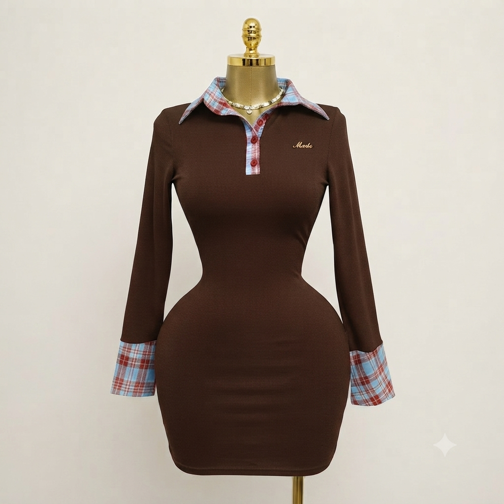 Premium Ladies Long-Sleeve Plaid Collar Bodycon Short Dress - Image 3