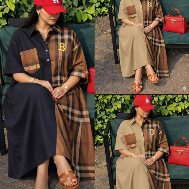 Classy B-Logo Color-Block Button-Down Boubou Gown for Ladies