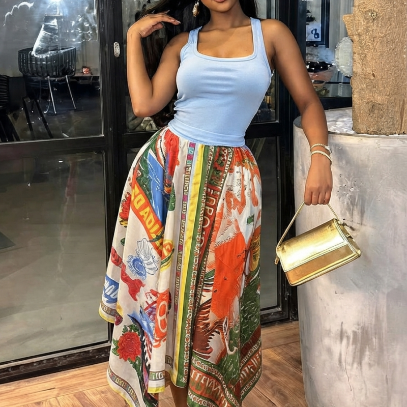 Elegant Scarf-Print Asymmetric Skirt with Matching Tank Top Set