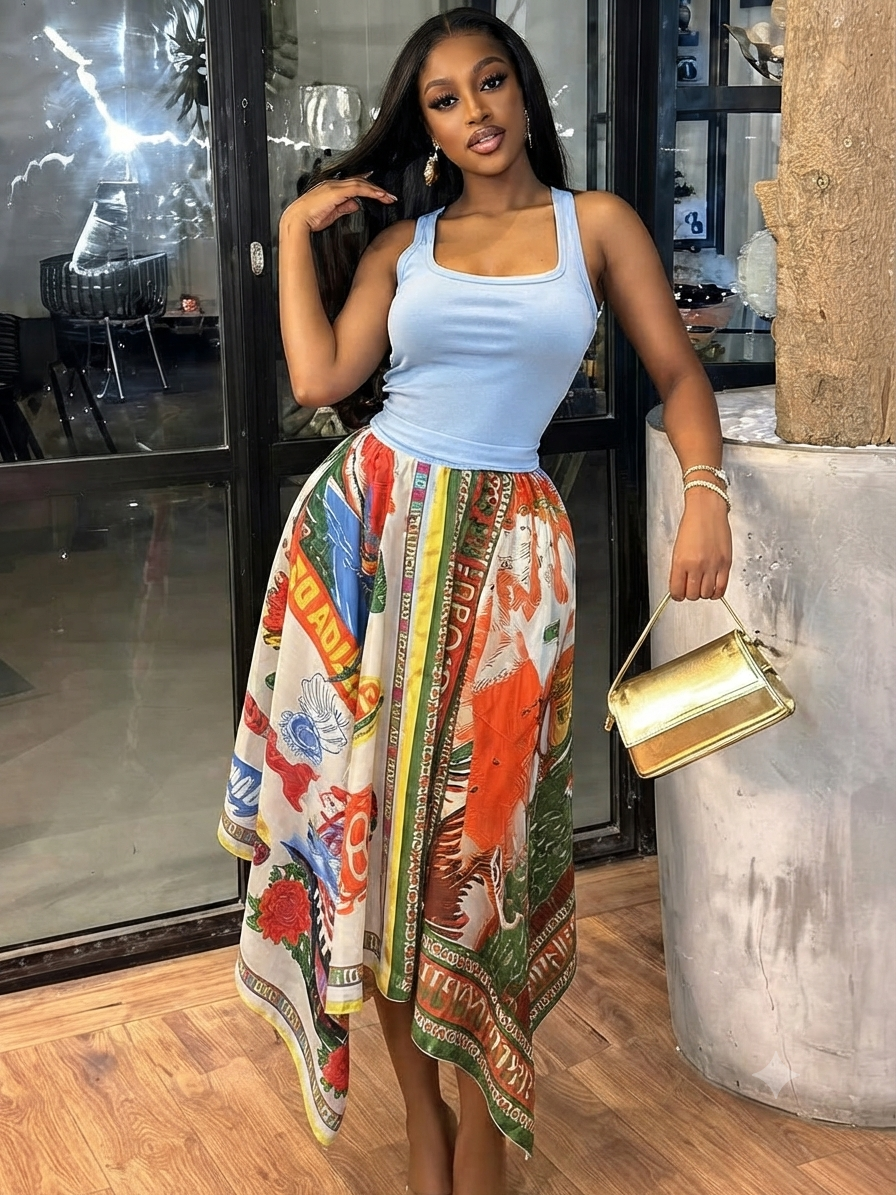 Elegant Scarf-Print Asymmetric Skirt with Matching Tank Top Set