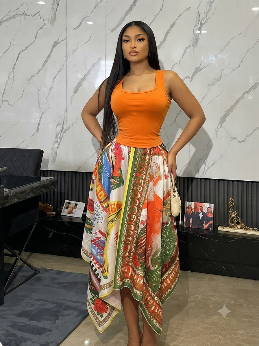Elegant Scarf-Print Asymmetric Skirt with Matching Tank Top Set - Image 2