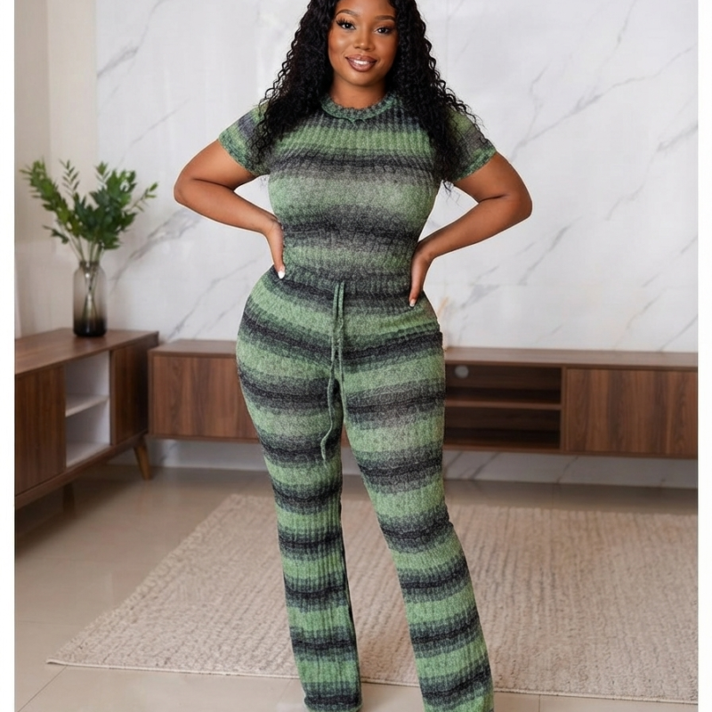 Cozy Ribbed Knit Short-Sleeve Top and Wide-Leg Pants Set for Women