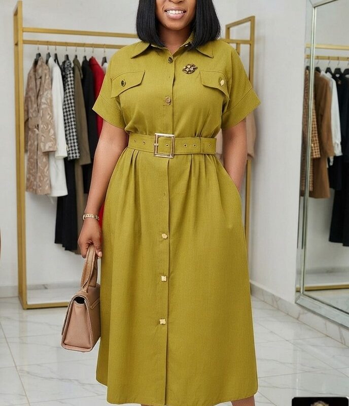 Chic Women’s Short-Sleeve Button-Down Midi Shirt Dress with Belt – Olive Green