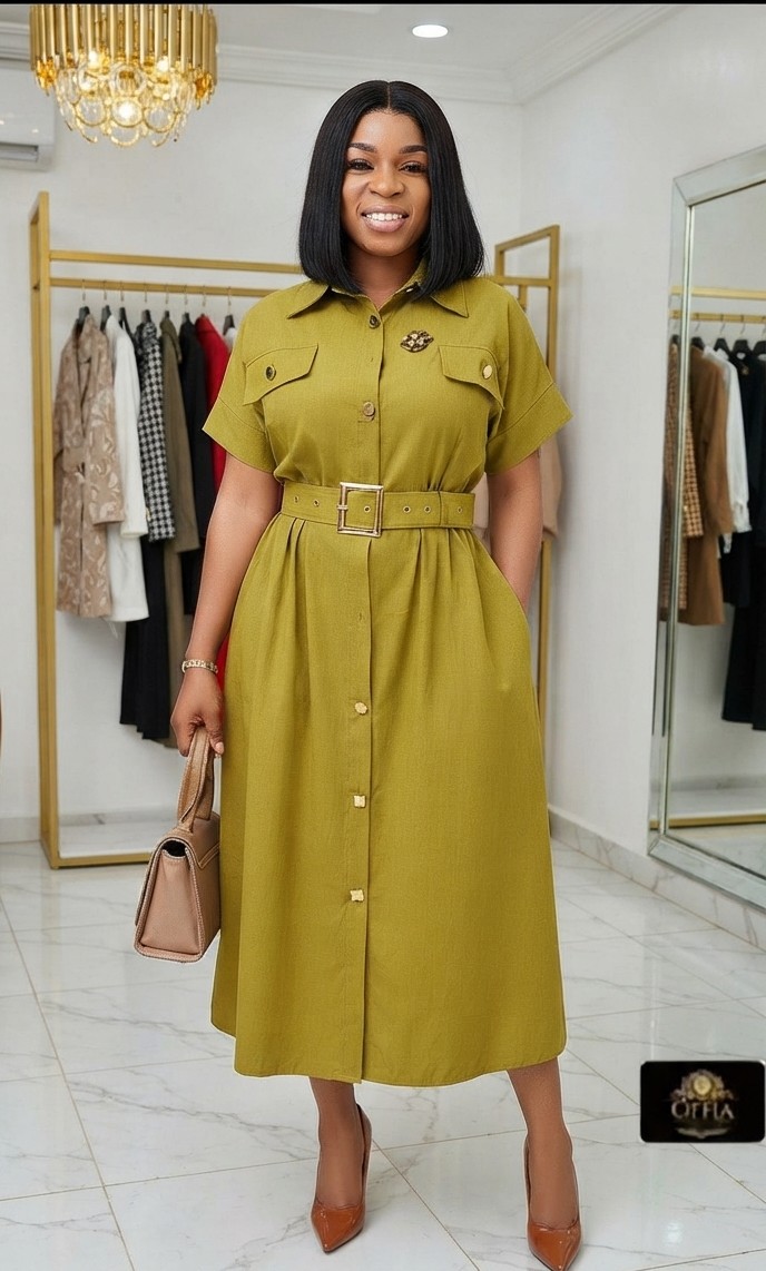 Chic Women’s Short-Sleeve Button-Down Midi Shirt Dress with Belt – Olive Green