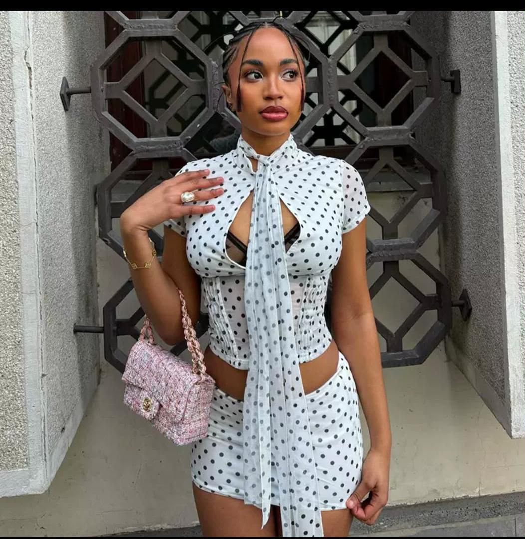 White Polka Dot Mesh Co-ord Set – Keyhole Top with Neck Tie & Mini Skirt