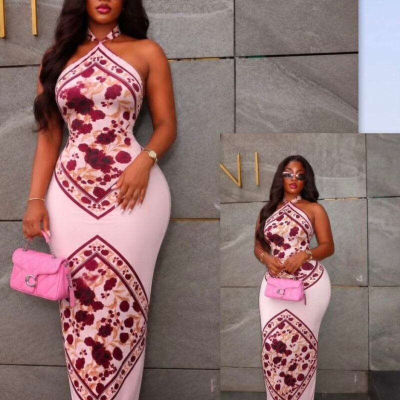 Pink Floral Scarf-Print Halter Neck Maxi Dress – Sleeveless Bodycon Long Dress