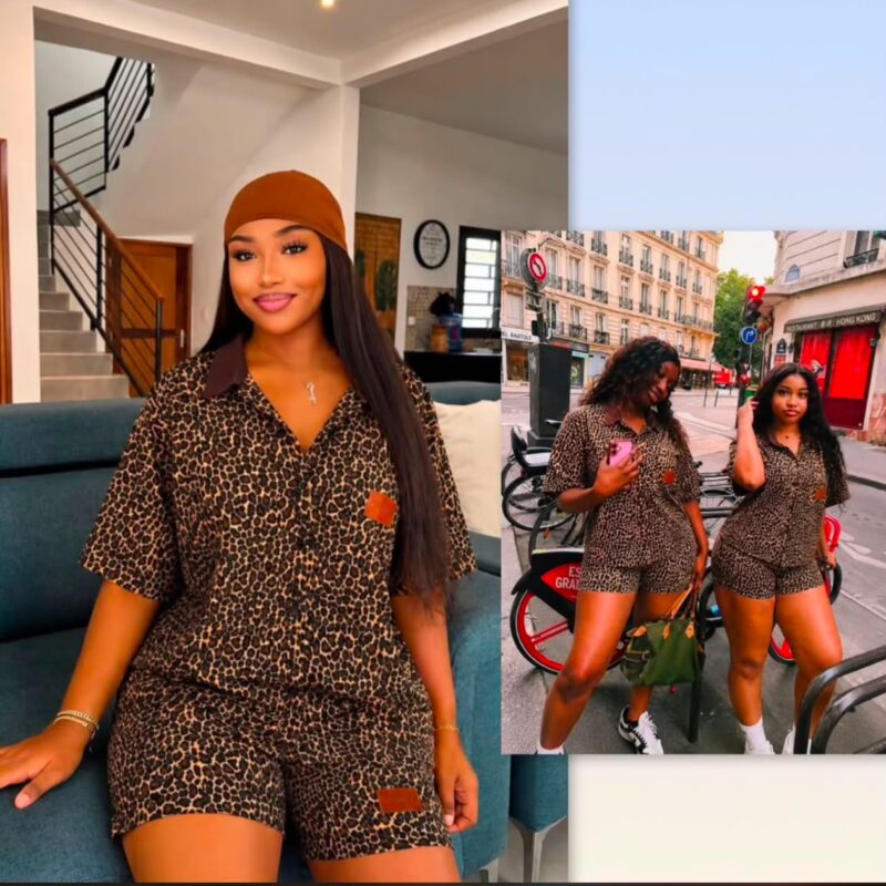Leopard Print Short-Sleeve Two-Piece Short Set – Button-Down Shirt & Shorts Set