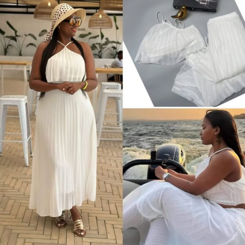 White Pleated Chiffon Two-Piece Resort Set – Halter Crop Top & Maxi Skirt Set