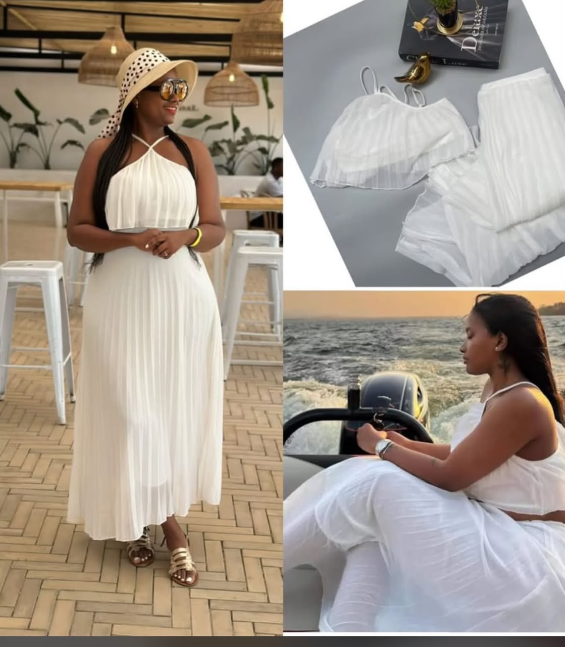 White Pleated Chiffon Two-Piece Resort Set – Halter Crop Top & Maxi Skirt Set