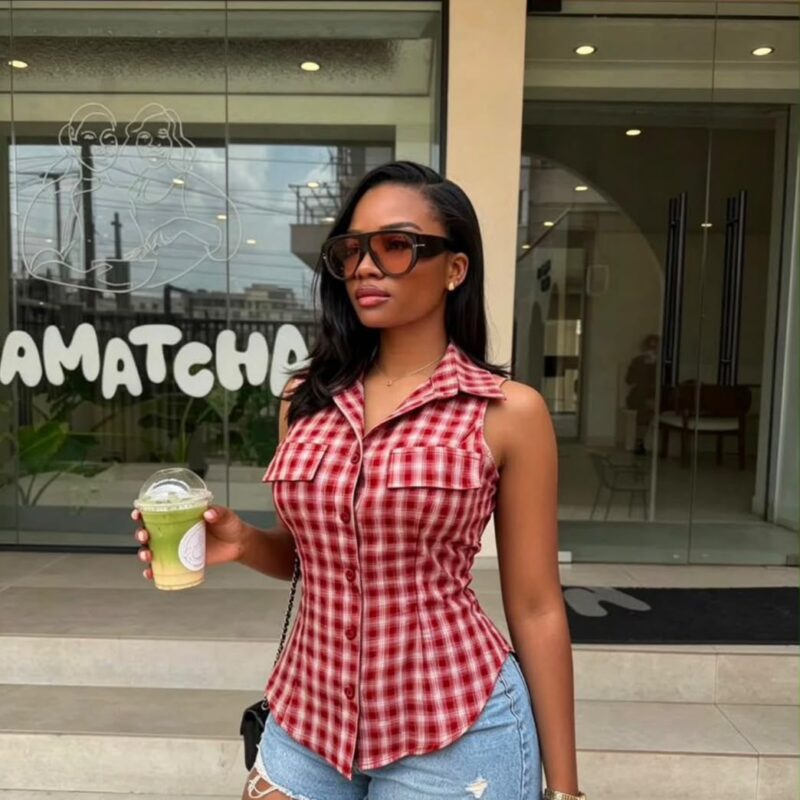 Ladies Sleeveless Tartan Check Top – Collar Neck Button-Up Top